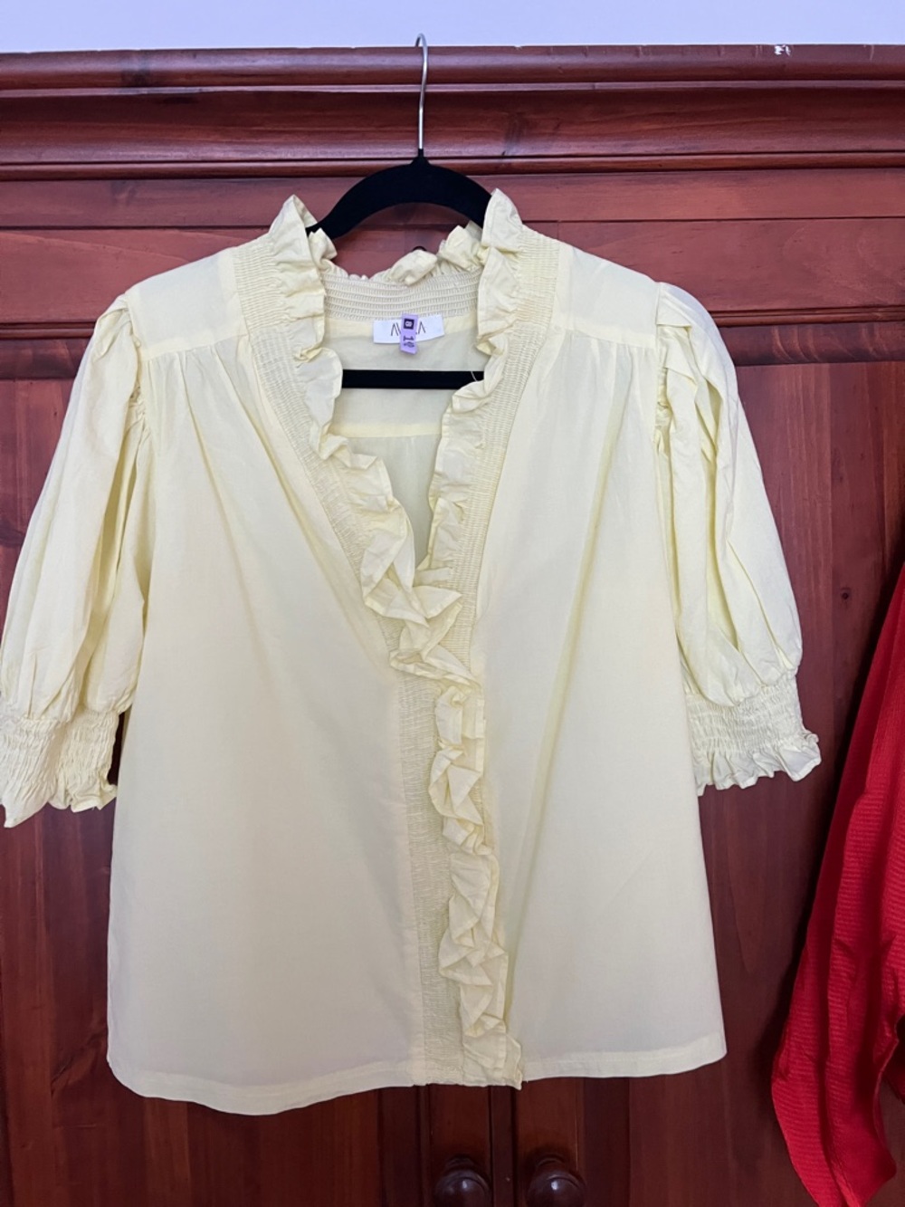 AVARA Pale Yellow Ruffle-Front Cotton Blouse